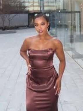 Missacc Chocolate Brown Strapless Satin Gown with Ruched Bodice and Back Bow